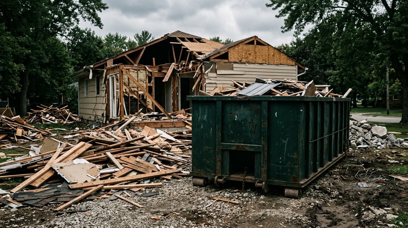 A green roll-off dumpster beside a house being torn down, surrounded by lumber and demolition debris.