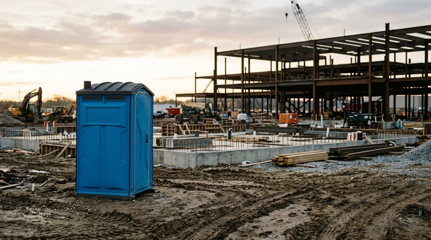 A blue portable restroom unit standing on a steel-framed commercial construction site at dusk.