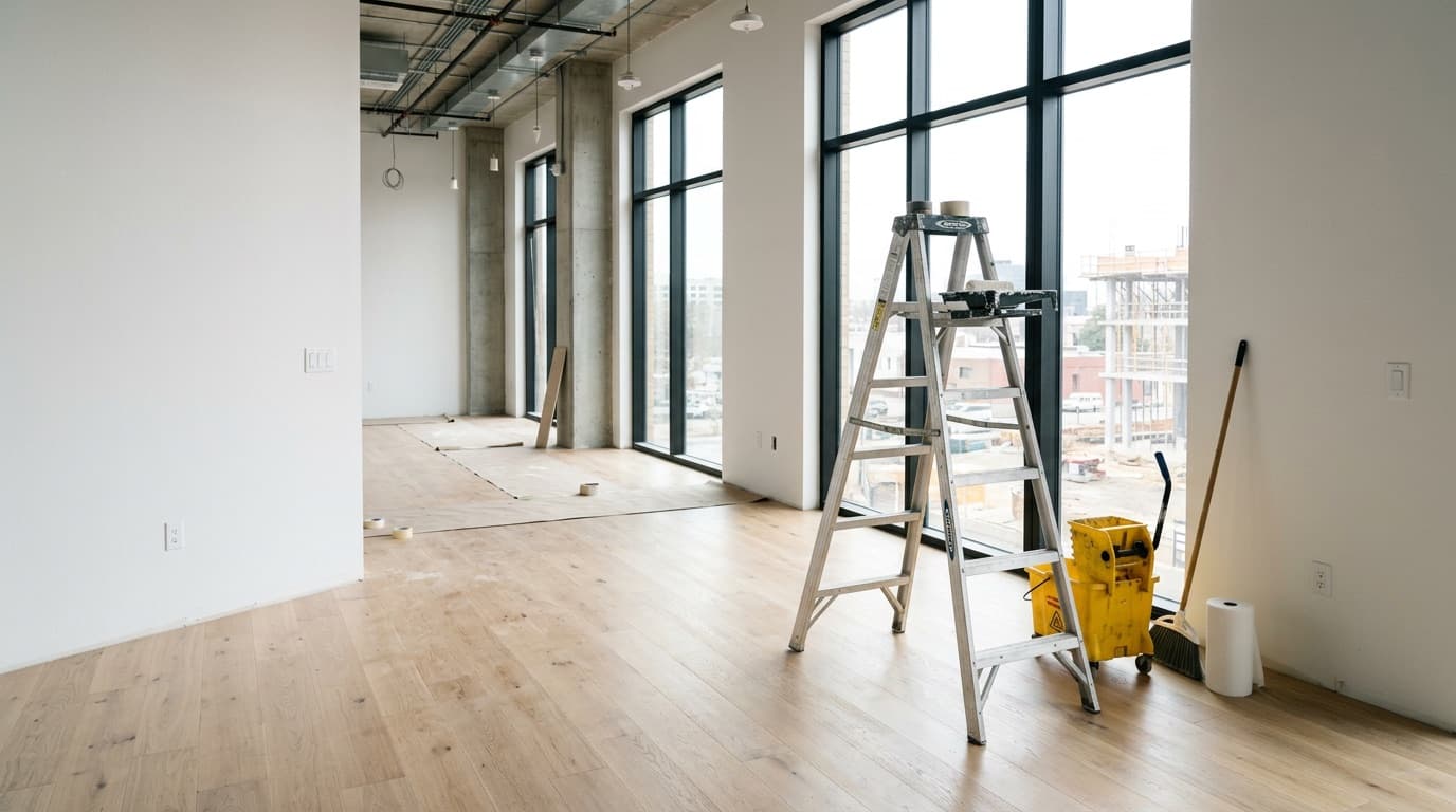 The bright interior of a newly built commercial space near completion, with a ladder and cleaning equipment and floor-to-ceiling windows.