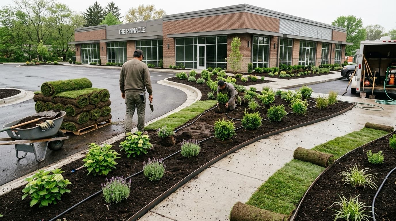Fresh commercial landscaping being installed at a newly completed building — sod rolls, mulch beds, and new plantings.